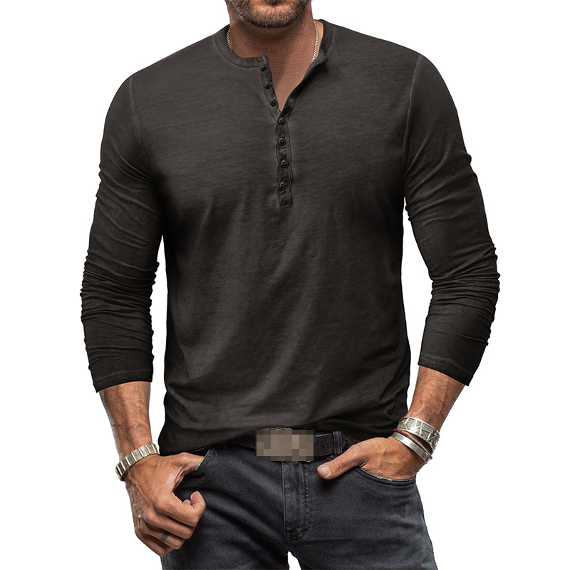 Men's long sleeve button-up Henley, combining comfort with modern appeal.