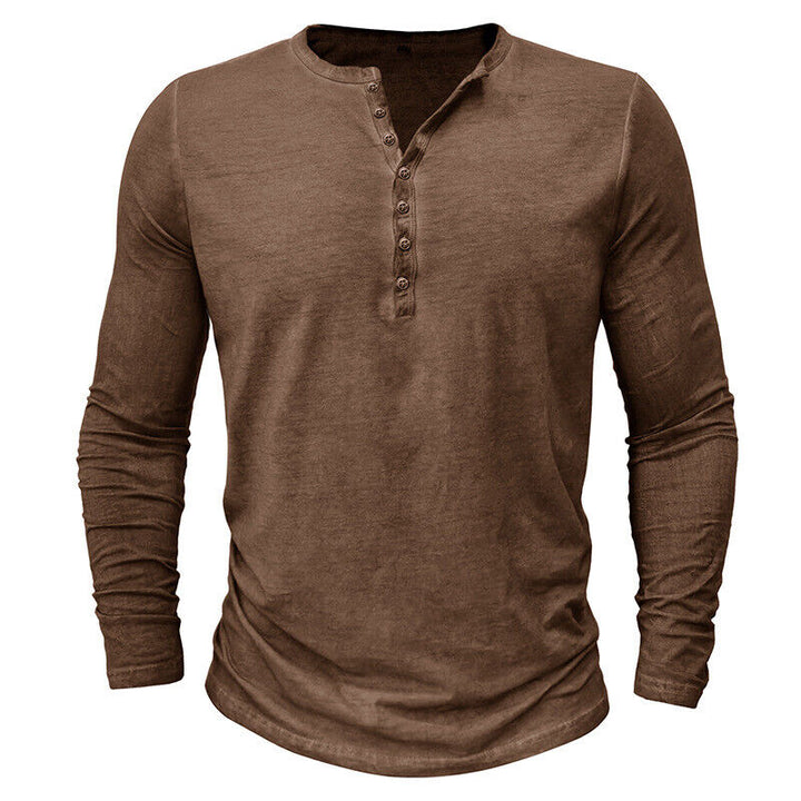 Fashionable men's long sleeve Henley, great for smart-casual looks and comfort.