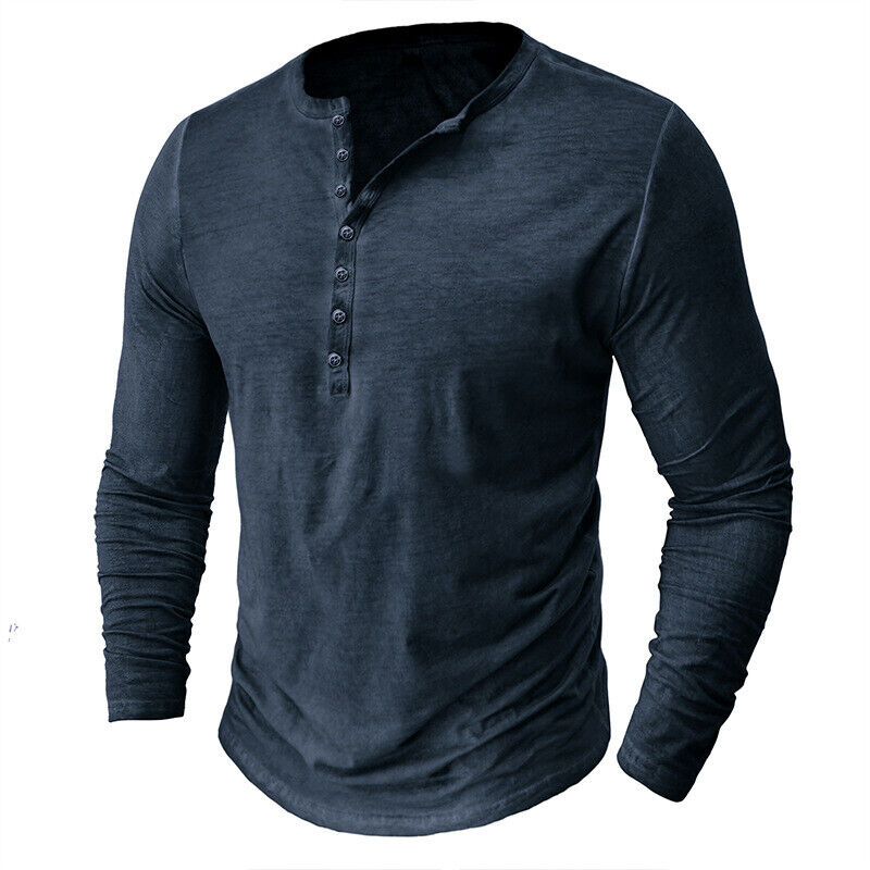 Stylish men's long sleeve Henley, perfect for layering or solo wear in any season.