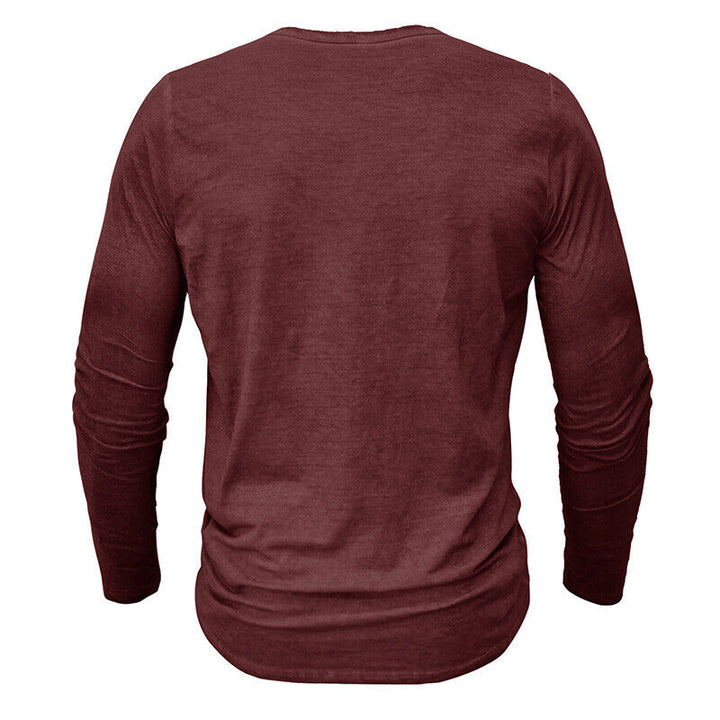 Versatile men's long sleeve Henley shirt, perfect for travel or relaxing at home.