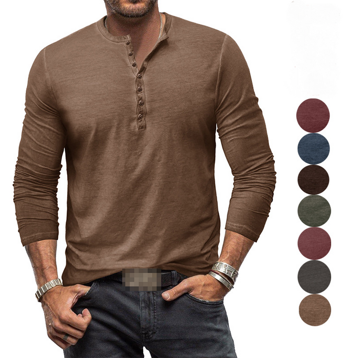Casual men's long sleeve Henley with button placket, great for autumn fashion.