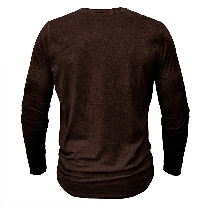 Trendy men's long sleeve Henley, perfect for cool weather and versatile layering.