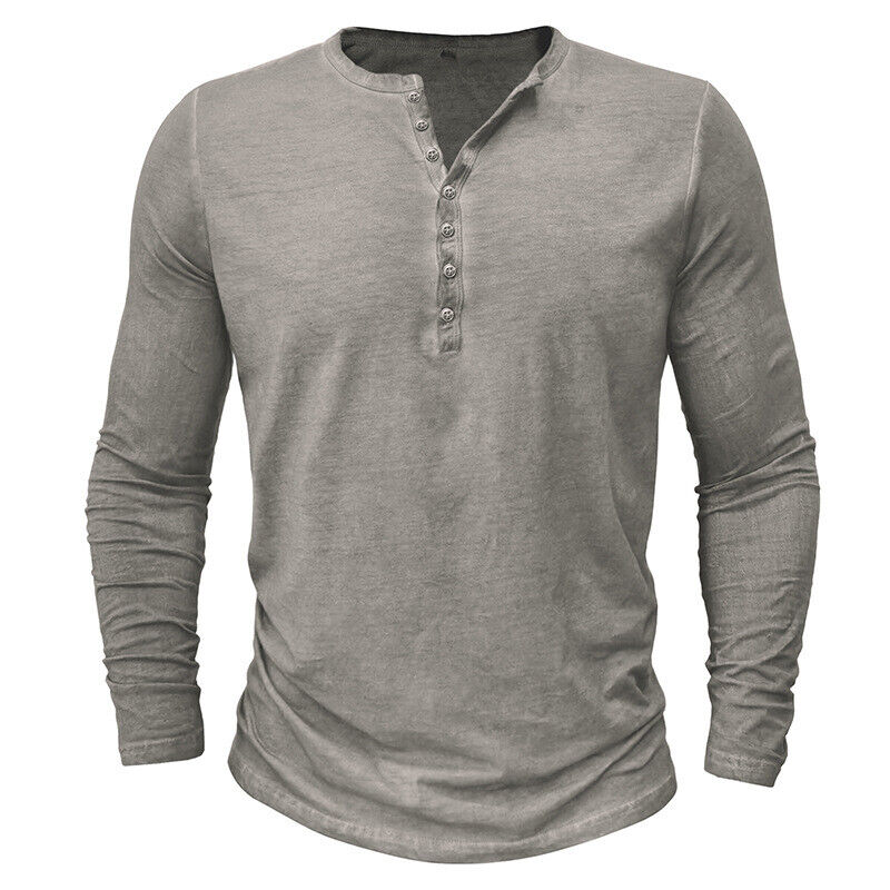 Men's long sleeve Henley in a classic fit, suitable for all body types and styles.