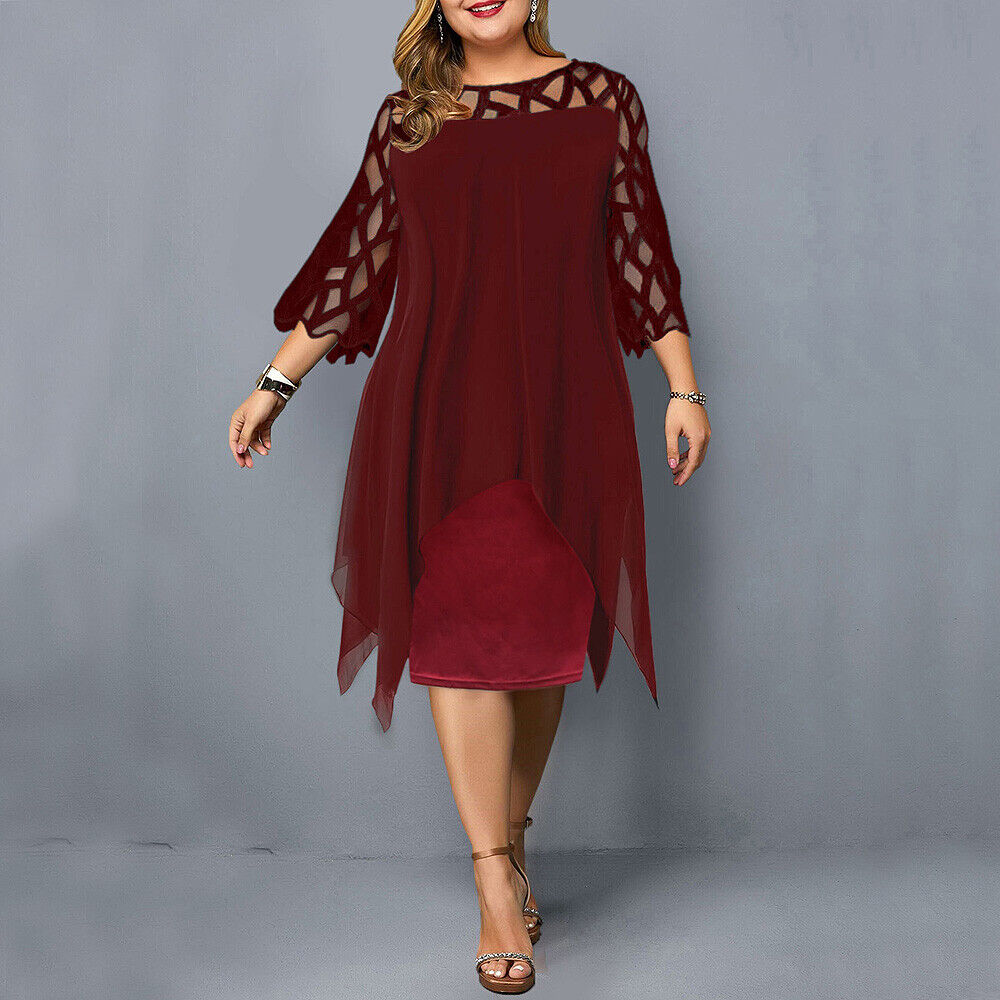 Stylish women's elegant plus size midi dress, featuring graceful lace sleeves & a comfortable fit.