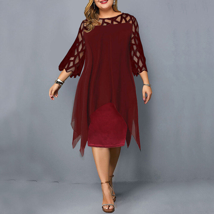 Stylish women's elegant plus size midi dress, featuring graceful lace sleeves & a comfortable fit.