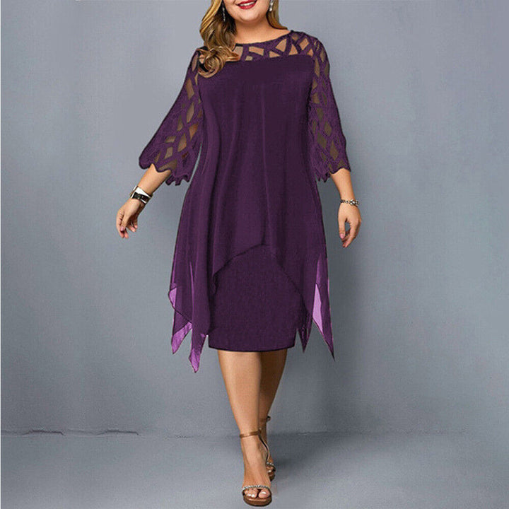 Beautiful women's plus size midi dress, elegant design with delicate lace sleeves for evening wear.