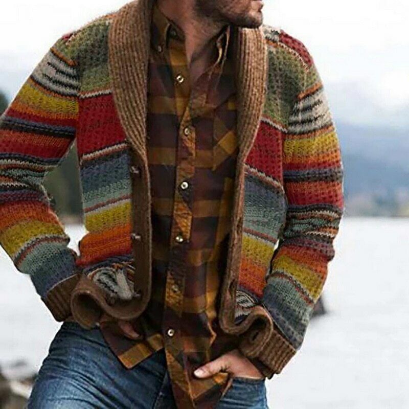 Men's checked vintage knit cardigan for fall/winter, cozy long-sleeve sweater with retro aesthetic.