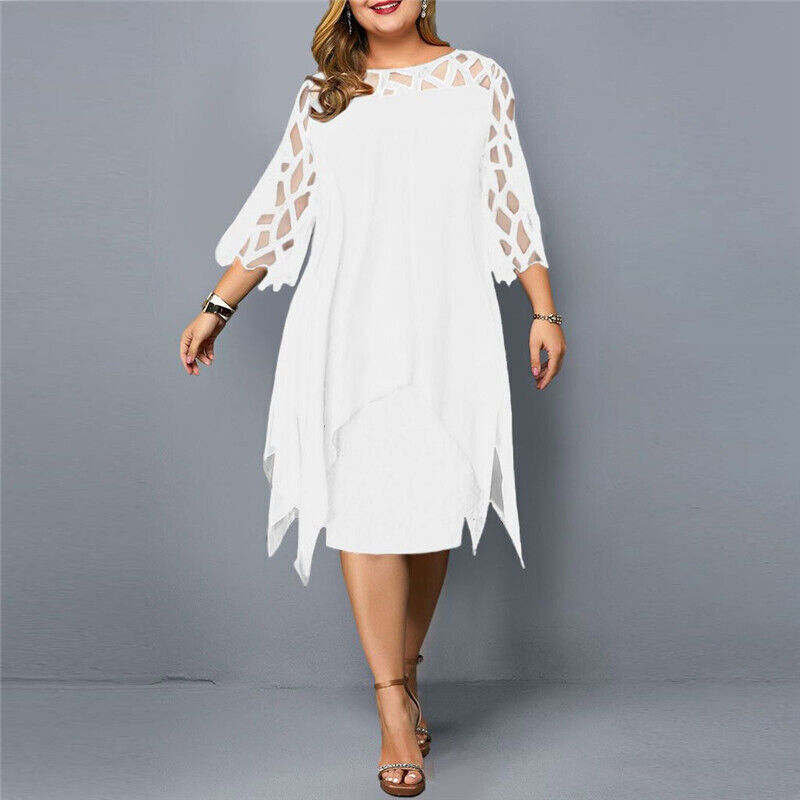 Chic plus size women's midi dress, elegant design with flowing lace sleeves for a sophisticated look.