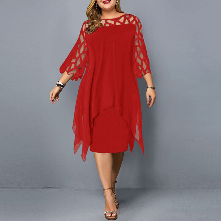 Party-ready women's plus size midi dress, elegant with intricate lace sleeves & comfortable fabric.