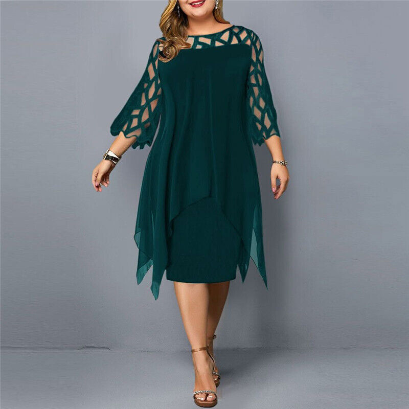 Women's elegant plus size midi dress, curve-flattering with delicate lace sleeves and round neckline.