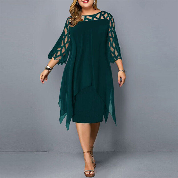 Women's elegant plus size midi dress, curve-flattering with delicate lace sleeves and round neckline.