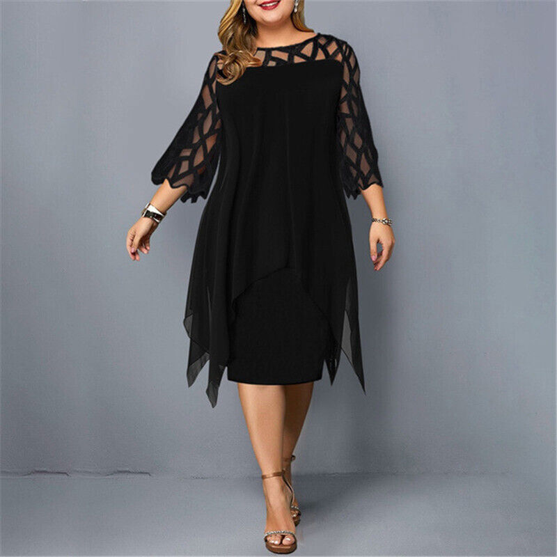 Sophisticated plus size midi dress for women, with elegant lace sleeves, perfect for special occasions.