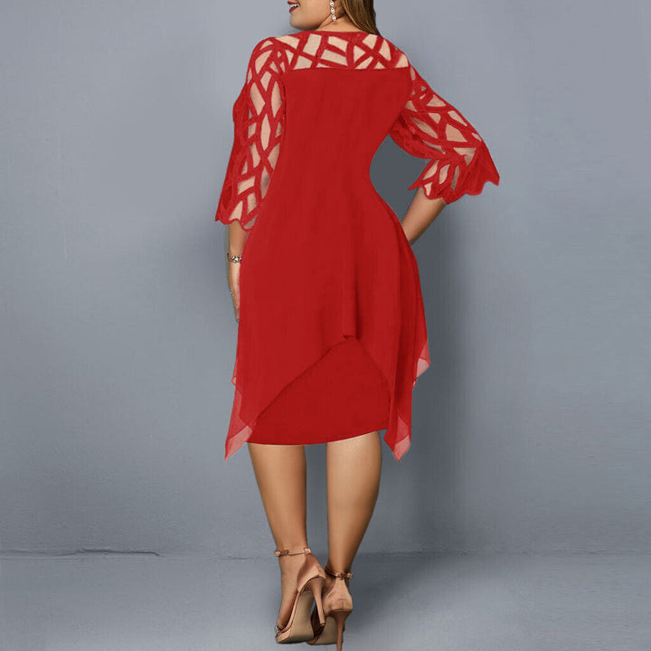 Sophisticated women's plus size midi dress with elegant lace sleeves, perfect for evening parties.