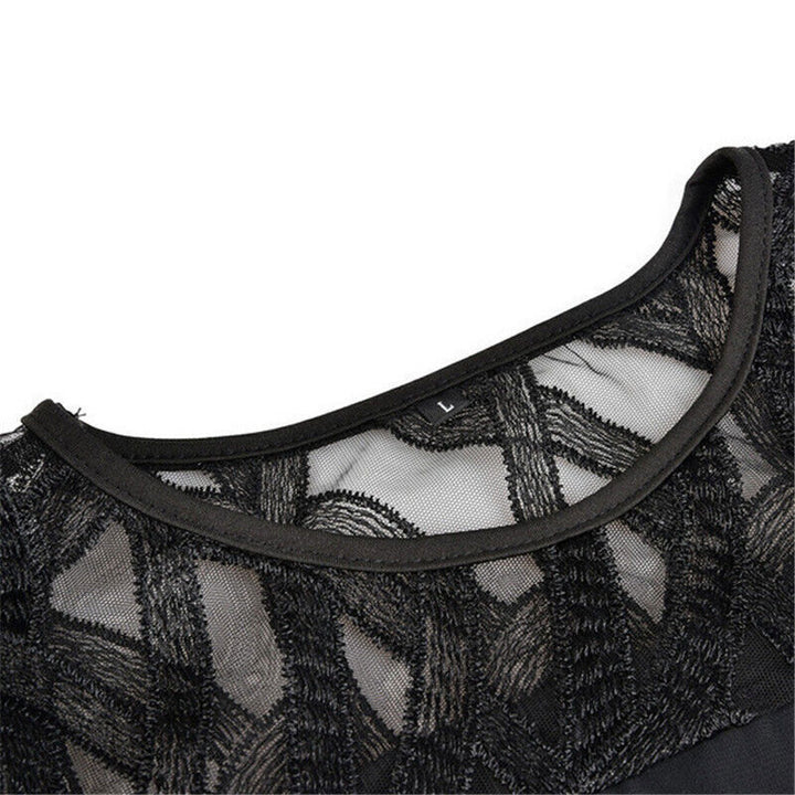 Elegant plus size midi dress for women, featuring delicate lace sleeves and a flattering silhouette.