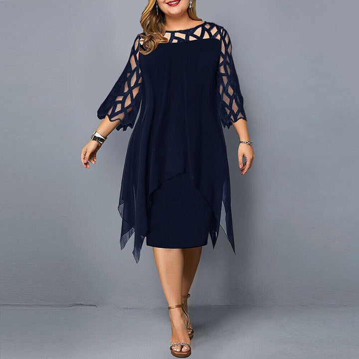 Comfortable plus size women's midi dress, stylish with elegant lace sleeves and round neck.