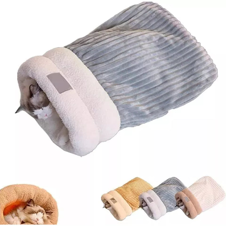 Pouch-style cat sleeping bag, a cozy pet hideaway bed. Soft, plush & washable cat bed for comfort.