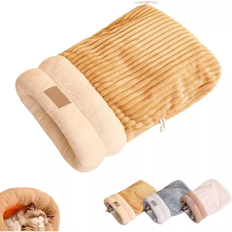 Super cozy cat sleeping bag, a soft pet hideaway bed. Plush & washable cat bed for ultimate comfort.