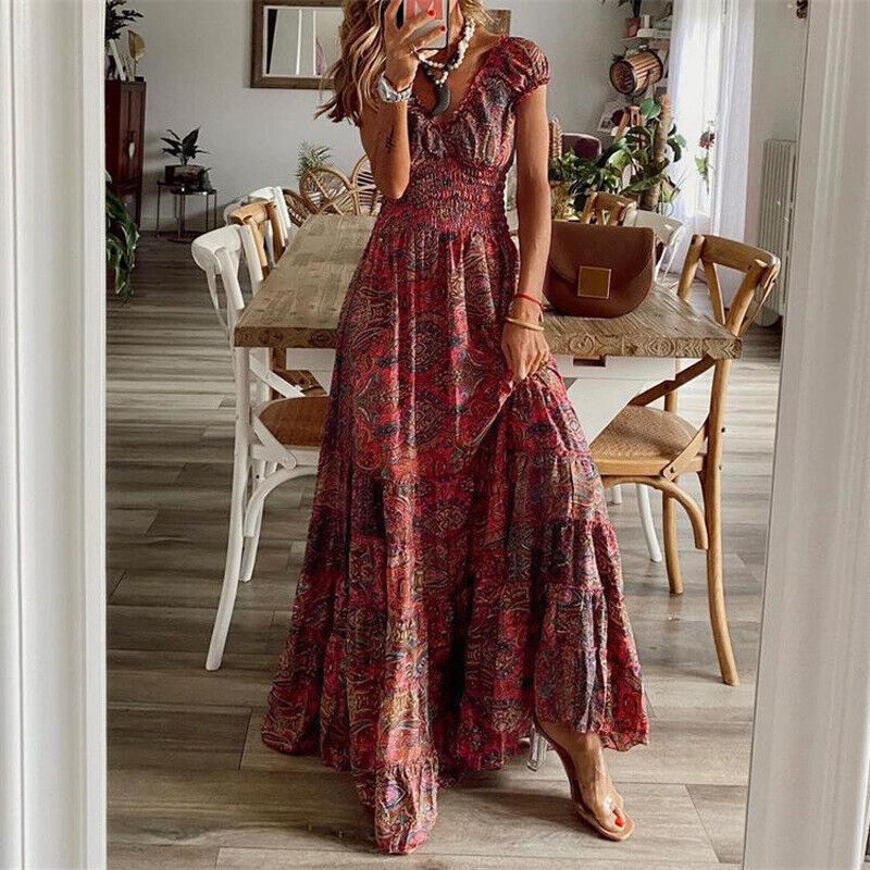 Stylish women's long boho maxi dress, elegant & flattering. A versatile piece for summer and spring fashion.
