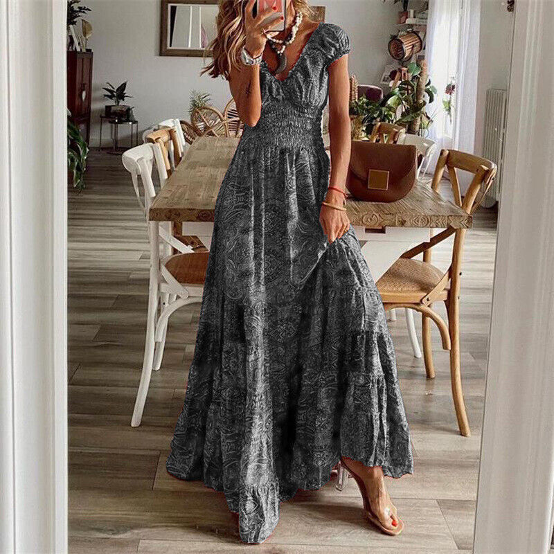 Elegant women's boho maxi dress for a flattering long fit. Perfect for comfortable summer & spring casual wear.