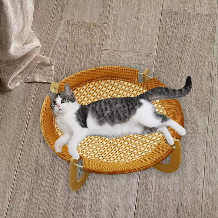 Cooling rattan cat mat for ultimate summer comfort. Elevated design keeps pets cool on hot days.