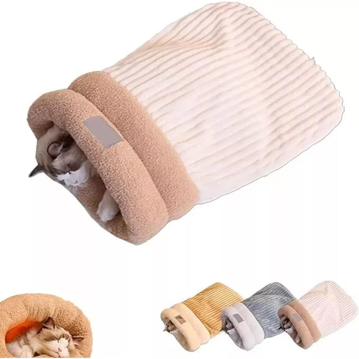 Plush pet cave cat bed, a cozy sleeping bag hideaway. Soft, secure & washable for your cat's comfort.