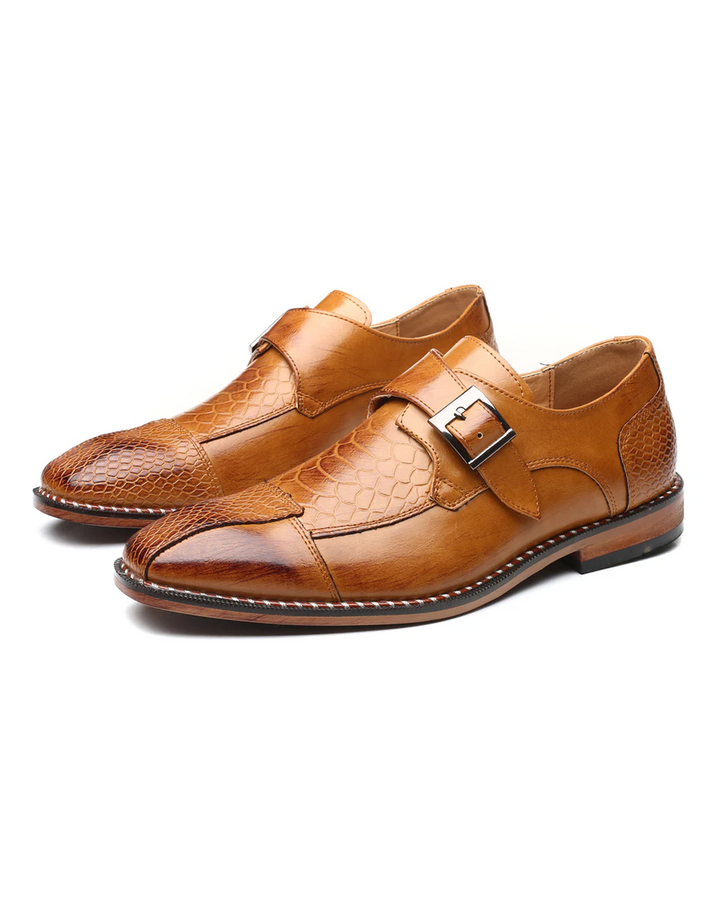 Men's black crocodile embossed monk strap dress shoes for formal and smart casual wear.