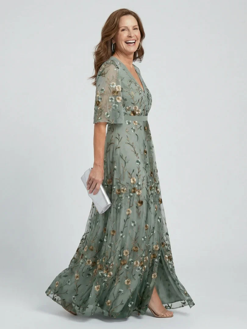 V-neck floral embroidered sage green maxi dress, suitable for summer events & beach weddings.