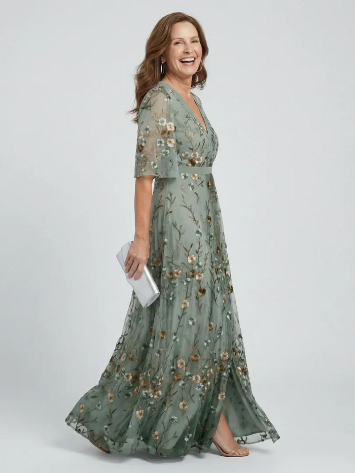 V-neck floral embroidered sage green maxi dress, suitable for summer events & beach weddings.