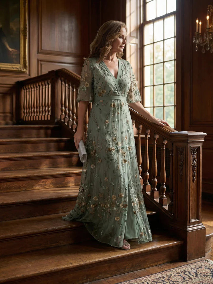 Elegant V-neck women's maxi dress with exquisite floral embroidery. Ideal for summer garden parties.