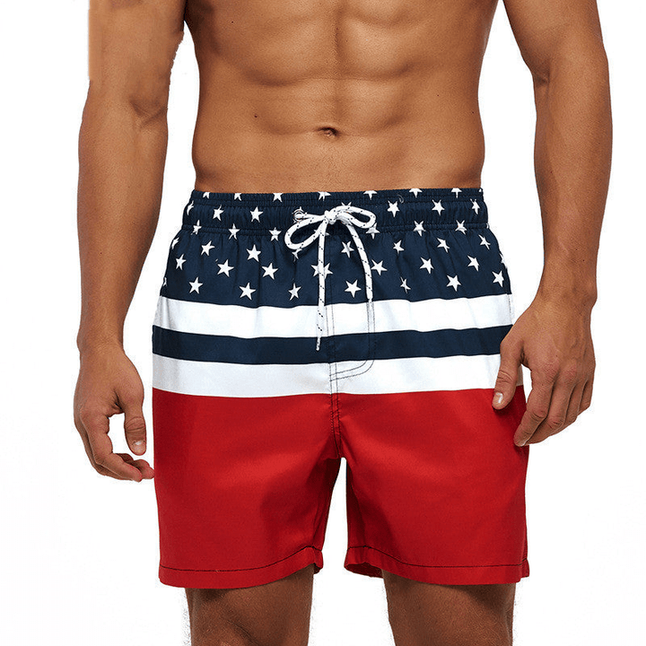 Quick-dry men's swimwear with unique graphic design, perfect for beach days.