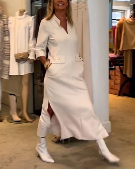 Comfortable & versatile white women's spring dress. Timeless style, flattering for any occasion, from day to evening.