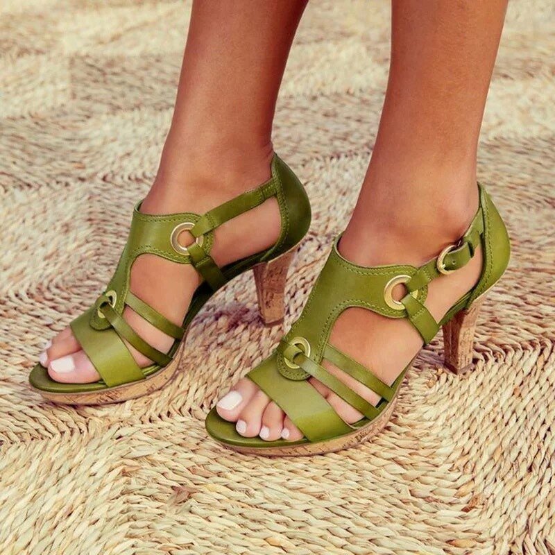Stylish women's orthopedic block heel sandals. Comfortable, elegant design with adjustable strap & foot support.