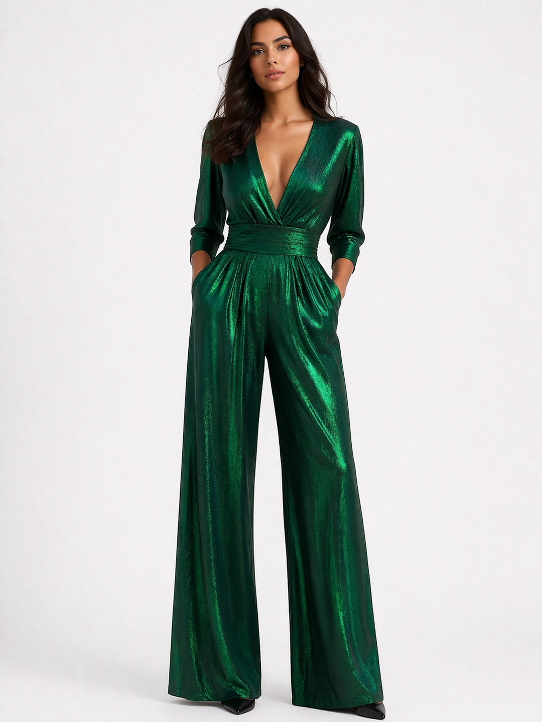Elegant women's wide leg green jumpsuit, perfect evening wear for sophisticated events & parties.