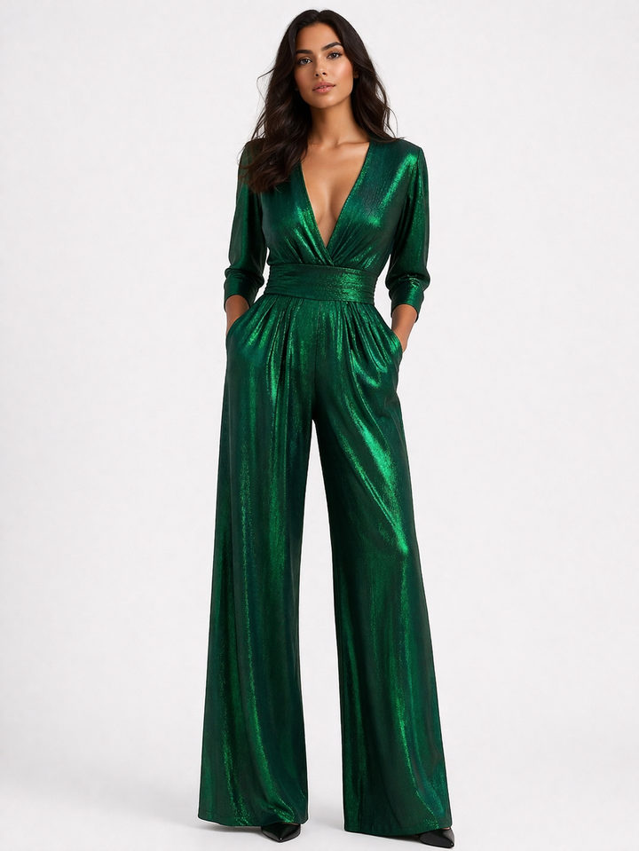 Elegant women's wide leg green jumpsuit, perfect evening wear for sophisticated events & parties.