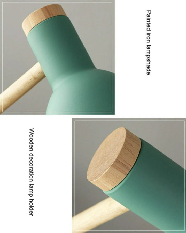 Scandinavian wooden desk lamp with foldable design, colorful shade, adjustable height, and sturdy base. Ideal for any decor.
