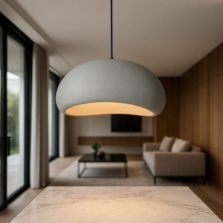 Height-adjustable sculpted dome pendant light, modern design for effective ceiling lighting in living spaces.