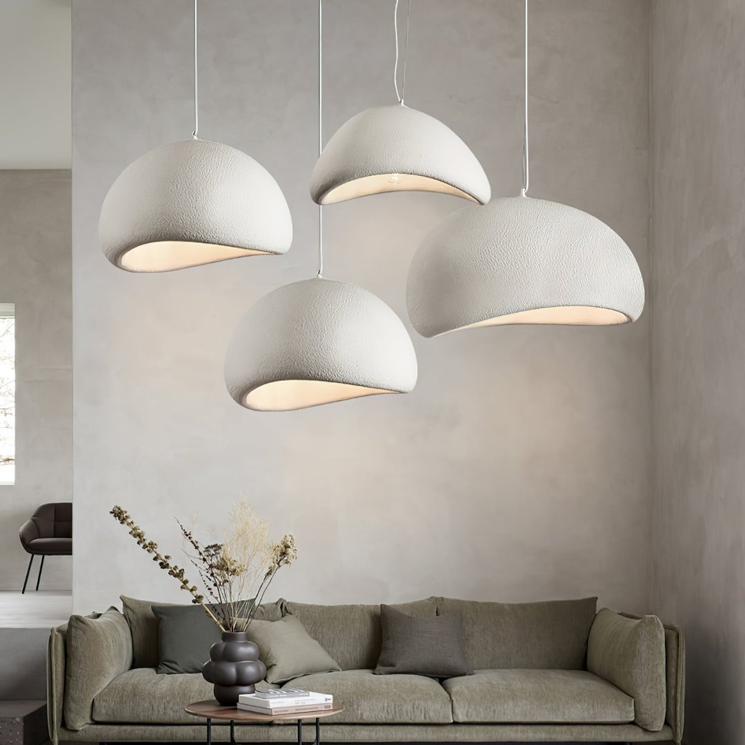 Modern sculpted dome ceiling light with adjustable height, perfect for contemporary living room decor & minimalist design.