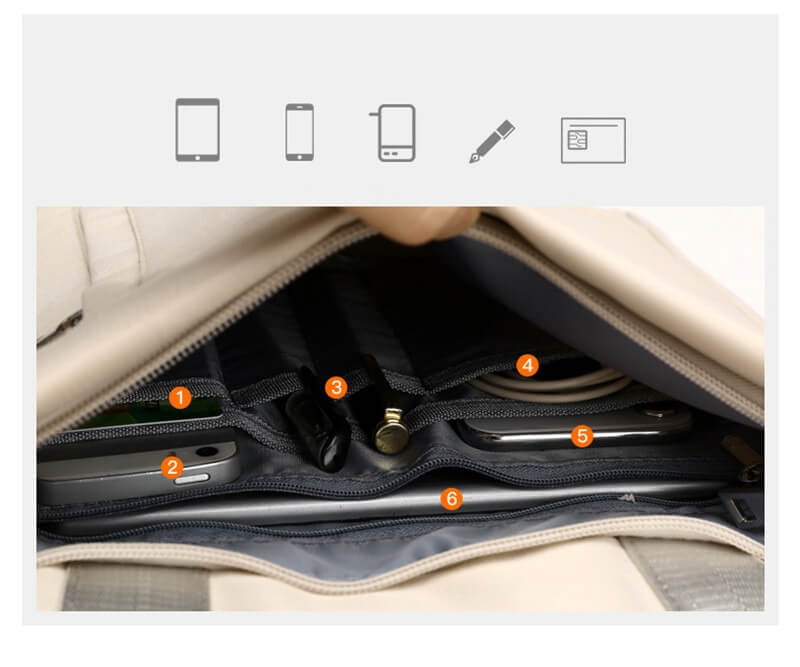 Close-up of the hidden zippers on a secure anti-theft backpack. Modern design & anti-pickpocket features for travel.