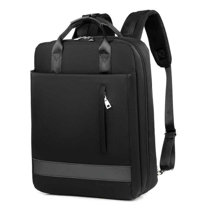 Unisex model wearing a sleek anti-theft backpack. Perfect secure travel & commuter bag with hidden zippers & USB.