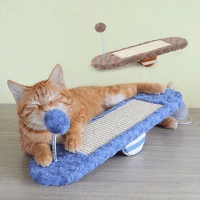 Multi-functional cat rocker & scratcher with interactive toy for endless feline fun. Protects furniture, supports claw care.