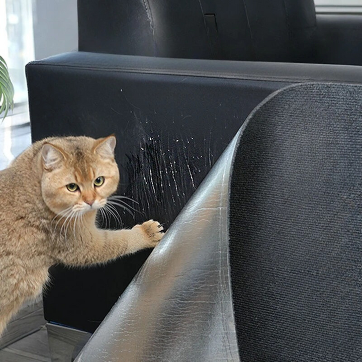 Self-adhesive cat scratcher mat protects furniture. Durable pet scratch guard for sofas & walls.