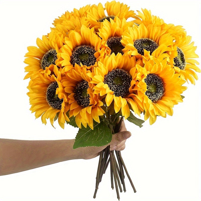 Set of 11 vibrant artificial sunflowers for stunning home, wedding, or autumn garden decor. Yellow fake flowers.