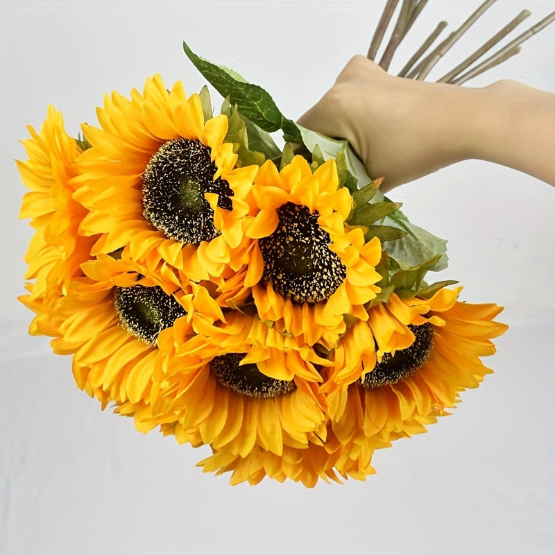 Beautiful set of 11 artificial yellow sunflowers for vibrant home decor, floral arrangements, or fall wedding accents.