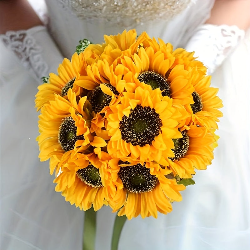 Eleven realistic fake sunflowers, perfect for elegant wedding decor, autumn arrangements, or vibrant garden ambiance.