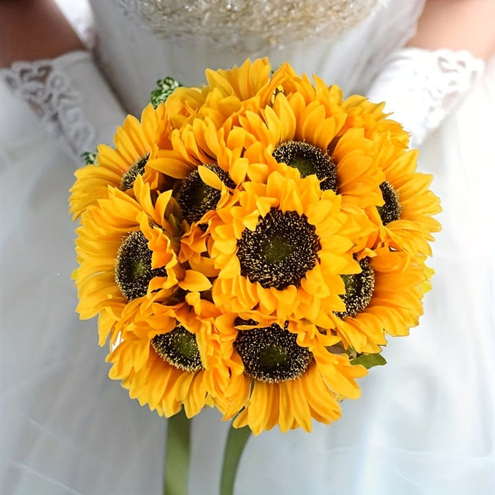 Eleven realistic fake sunflowers, perfect for elegant wedding decor, autumn arrangements, or vibrant garden ambiance.