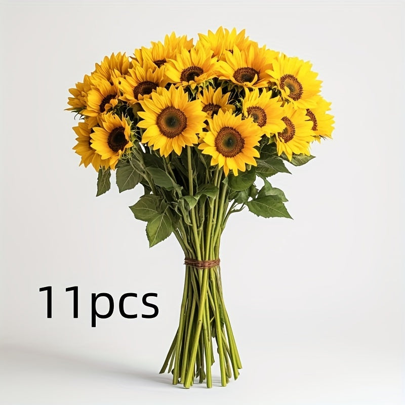 Vibrant fake sunflowers, a set of 11, ideal for versatile home, wedding, autumn, or garden floral decorations.