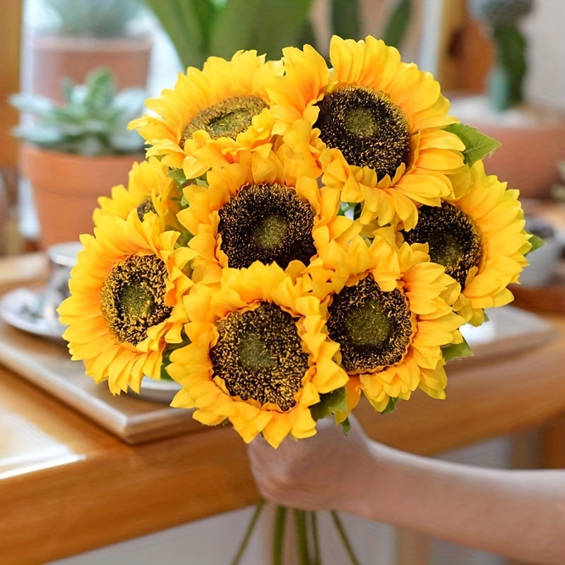 Eleven artificial yellow sunflowers, perfect for creating joyful autumn, wedding, or year-round home floral displays.