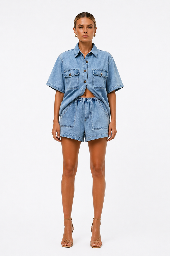 Women's casual denim summer outfit: a chic button shirt & high-waist shorts co-ord set, great for travel.