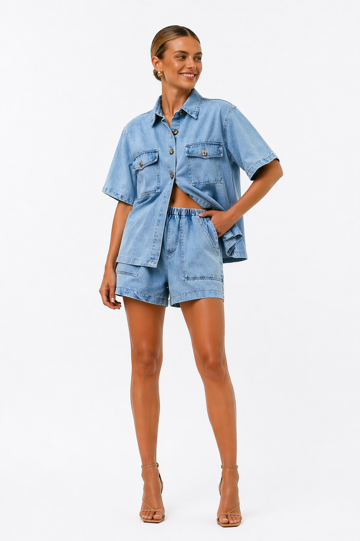 Relaxed fit women's denim two-piece set, including a button shirt and comfortable high-waist shorts for everyday.