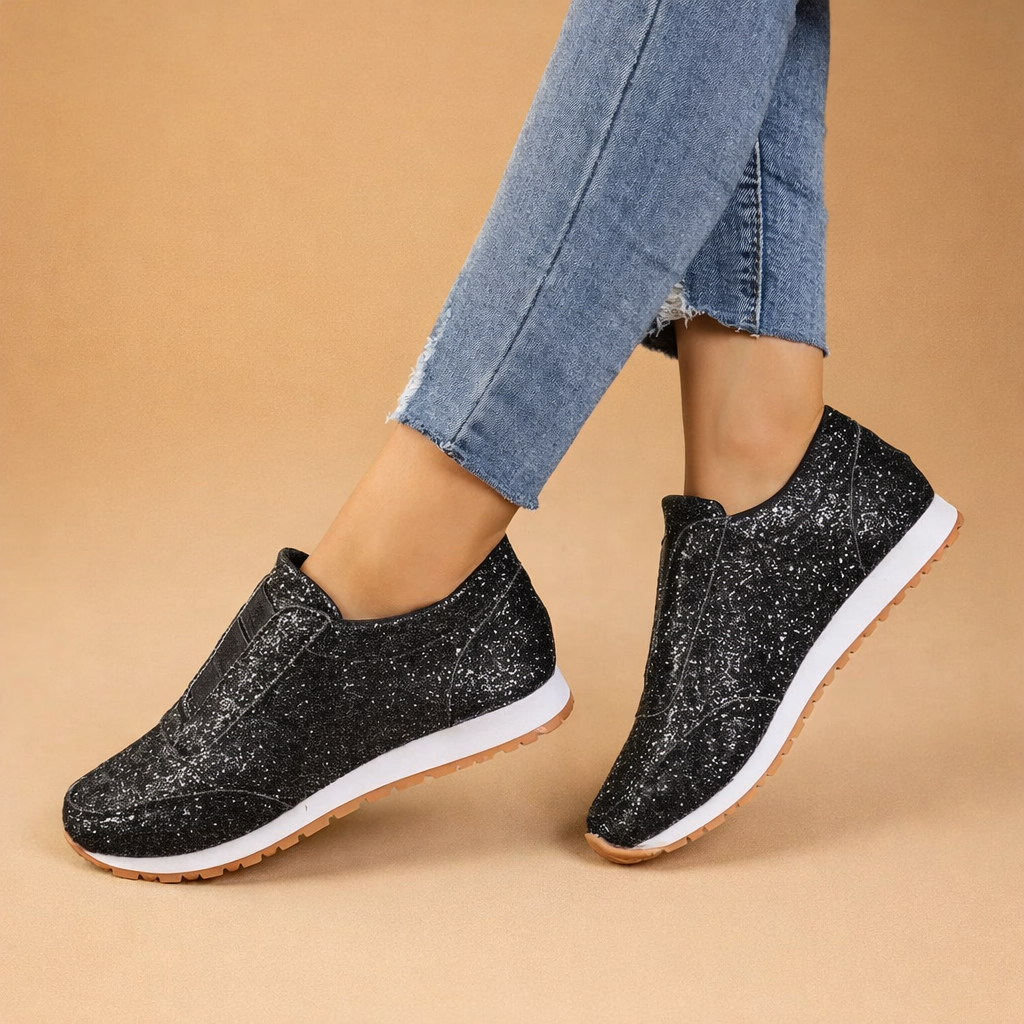 Shimmering women's glitter slip-on sneakers, perfect for effortless style & casual comfort.